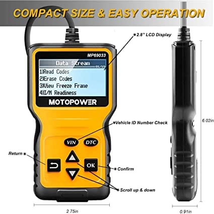 MOTOPOWER MP69033 Car OBD2 Scanner Code Reader Engine Fault Code Reader Scanner CAN Diagnostic Scan Tool for All OBD II Protocol Cars Since 1996, Yellow for Diesel scanners and Diesel diagnostic