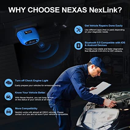 NEXAS Nexlink Car Motorcycles Bluetooth 5.0 OBD2 Scanner, Work with All Third-Party Apps Read/Erase Check Engine Light Codes Diagnostic Scan Tool OBDII Adapter Code Reader for iOS & Android for Diesel scanners and Diesel diagnostic