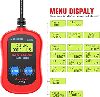 Autel MS300 OBD2 Scanner Code Reader, Turn Off Check Engine Light, Read & Erase Fault Codes, Check Emission Monitor Status CAN Diagnostic Scan Tool for Diesel scanners and Diesel diagnostic