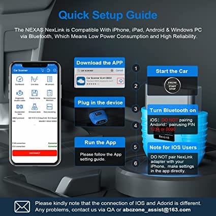 NEXAS Nexlink Car Motorcycles Bluetooth 5.0 OBD2 Scanner, Work with All Third-Party Apps Read/Erase Check Engine Light Codes Diagnostic Scan Tool OBDII Adapter Code Reader for iOS & Android for Diesel scanners and Diesel diagnostic